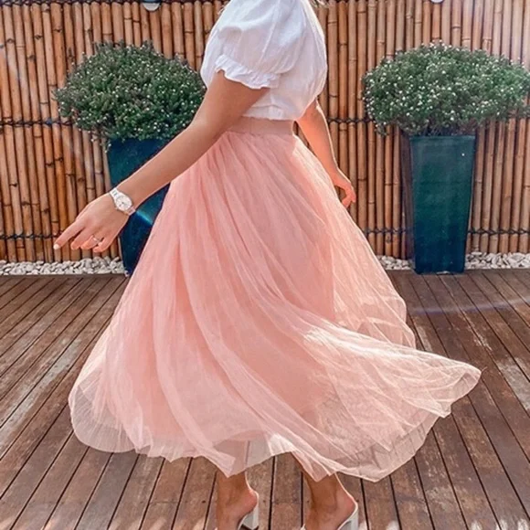 tulle tutu midi skirt Wide Waist Pleated Tulle Skirt tan brown nude - Picture 2 of 13